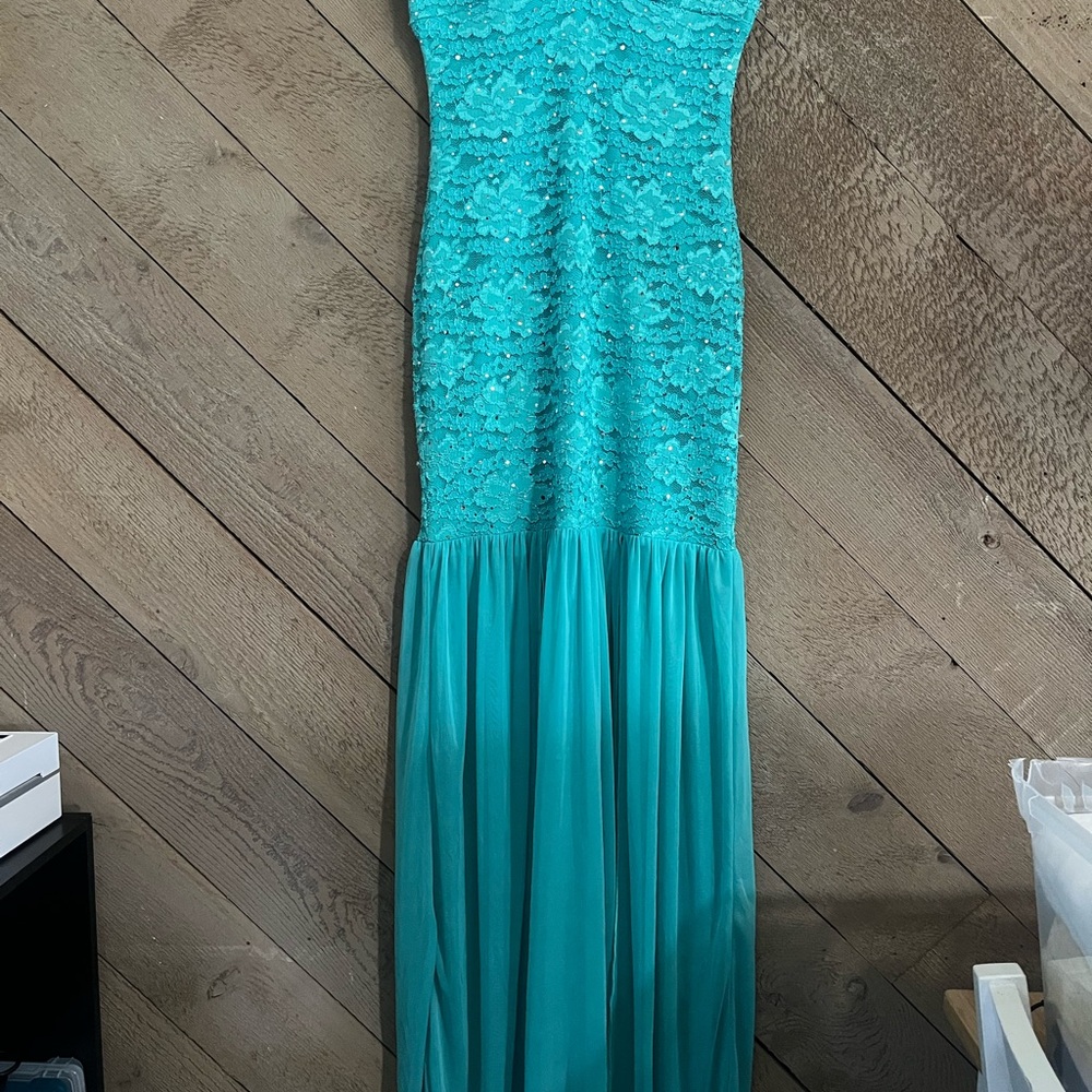 B Darlin Teal Lace Sequin Strapless Cocktail Dress